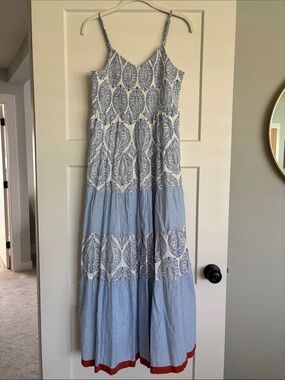THML Blue and White Printed Tiered Maxi Dress with Orange Hem